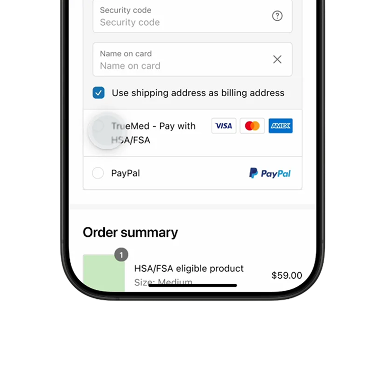 Image of checkout process where one should select “Truemed – Pay with HSA/FSA”